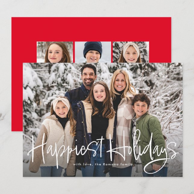 Happiest holidays simple fun script photo red holiday card (Front/Back)