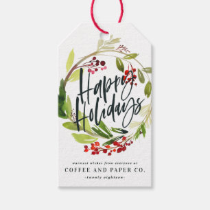 Happiest holidays watercolor floral corporate gift tags