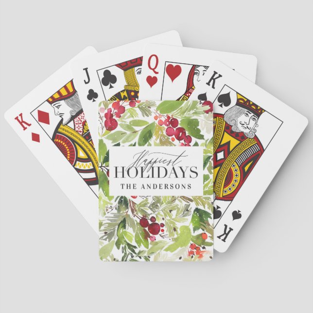 Happiest Holidays watercolor foliage christmas  Playing Cards (Back)