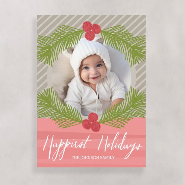Happiest Holidays Whimsical Branches with 1 Photo Holiday Card (Add 1 photo to this Whimsical Holiday Christmas Card - holly berry border)