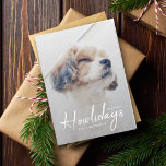 Happiest Howlidays | Dog Photo Christmas Minimal H Holiday Card<br><div class="desc">Simple, stylish custom photo Happiest Howlidays folded holiday greeting card with modern minimalist handwritten script typography in white and a simple gradient over a full photo with a natural taupe grey colour on the inside. The photo of your beloved pet and text can easily be personalized for a design as...</div>