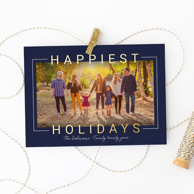 Happiest Modern Gold Text Midnight Blue Photo Foil Holiday Card (Creator Uploaded)