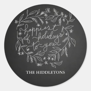 Happiest Of Holidays Script Wreath Chalkboard Classic Round Sticker