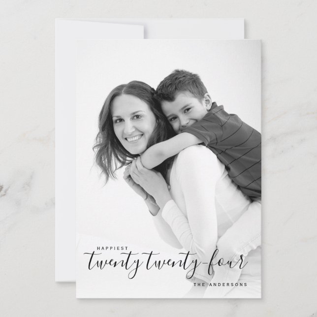 Happiest Twenty twenty-four black New Year's photo Holiday Card (Front)