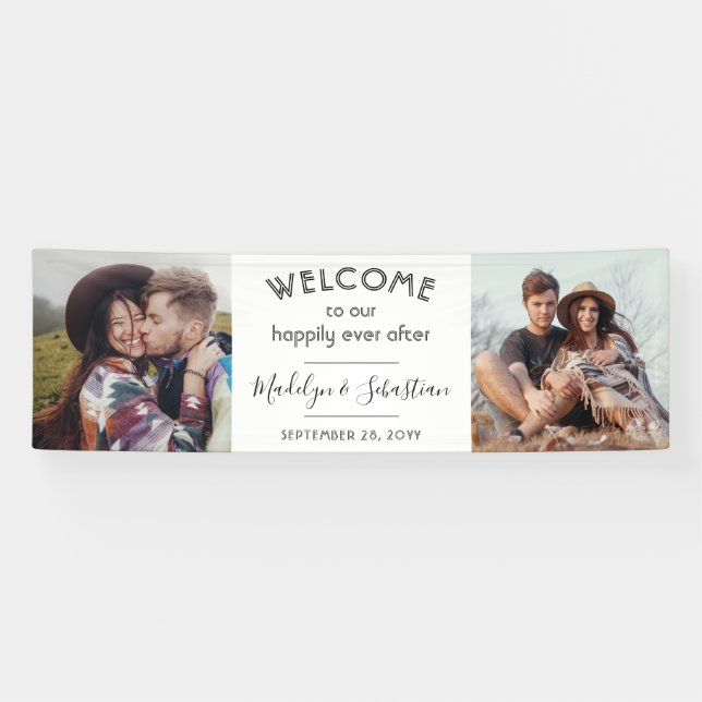 Happily Ever After 2 Photo Elegant Wedding Welcome Banner (Horizontal)