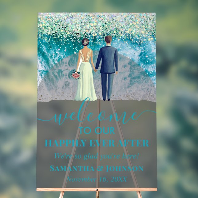 Happily Ever After Beach Wedding Welcome Frosted Acrylic Sign (Neutral)