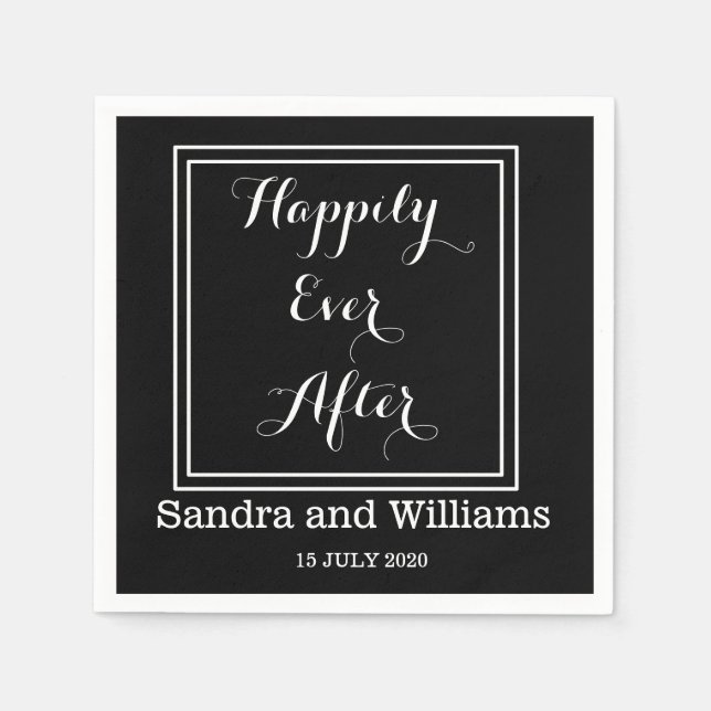 'Happily Ever After'-Black And White Personalized Napkin (Front)