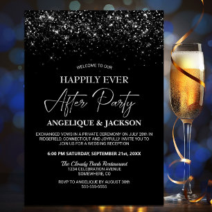 Happily Ever After Black Glitter Wedding Reception Invitation