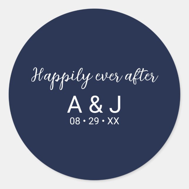 Happily Ever After Blue White Monogrammed Wedding Classic Round Sticker (Front)