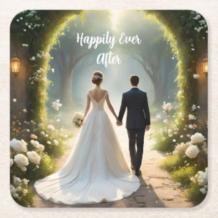 Happily Ever After Bride And Groom, Square Paper Coaster