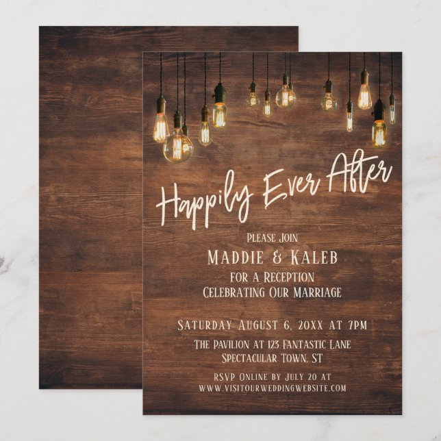 Happily Ever After Brown Wood Wall Edison Lights Invitation (Front/Back)