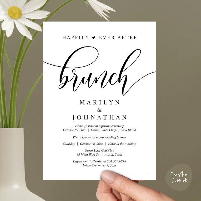 Happily Ever After Brunch, Post Wedding Invitation (Happily Ever After Lunch, Wedding Party Invitation Card PDF Modern Beautiful White Black)