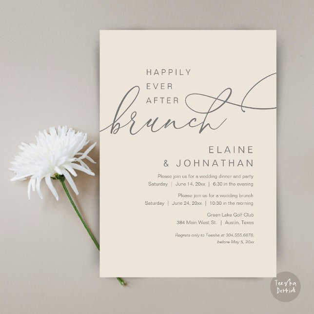 Happily Ever After Brunch, Wedding Elopement Party Invitation (Happily Ever After Brunch Invitation Card, PDF, in Modern Romantic Script, Cream Grey)