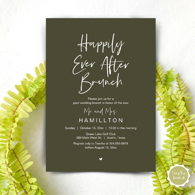 Happily Ever After Brunch, Wedding Elopement Party Invitation (Happily Ever After Brunch The Morning After Invitation Card PDF Newlyweds in Rustic Olive Green)