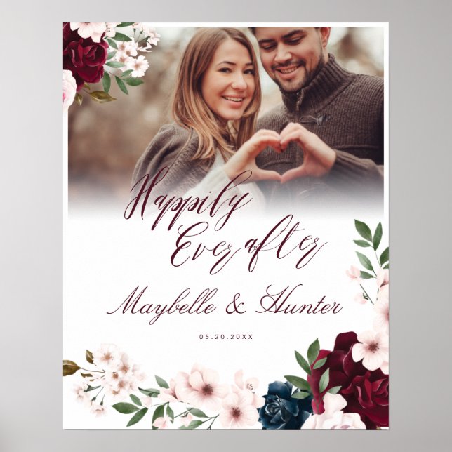 Happily Ever After Burgundy Navy Floral Photo Poster (Front)