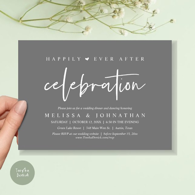 Happily Ever After Celebration, Wedding Dinner Invitation (Happily Ever After Celebration, Wedding Dinner Invitation Card, PDF, Modern Script, in Dark Grey)