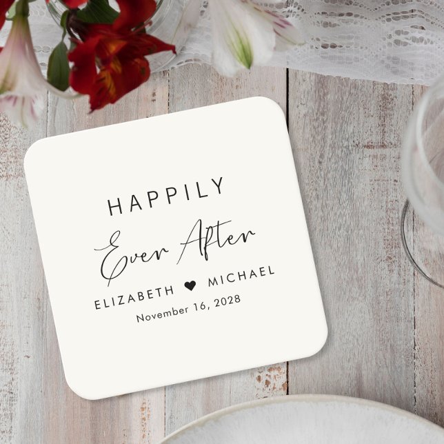 Happily Ever After Cream Wedding Square Paper Coaster (Creator Uploaded)