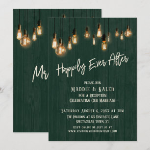 Happily Ever After Dark Green Wood Edison Lights Invitation