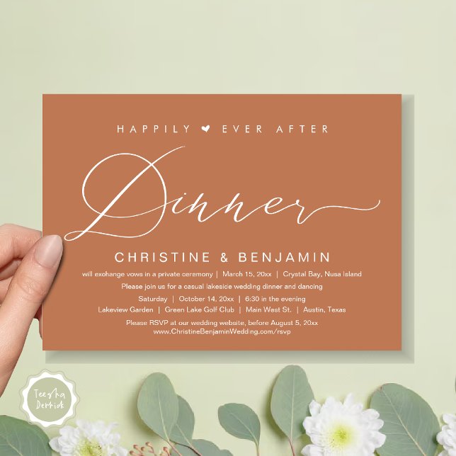 Happily Ever After Dinner Elopement, Modern Script Invitation (Happily Ever After Dinner Invitation Card, PDF, Modern Romantic Script, in Copper Rust Brown)