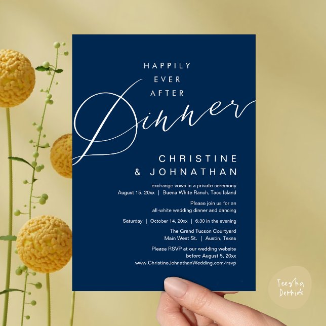 Happily Ever After Dinner Romantic Wedding Invitation (Happily Ever After Dinner, Modern Romantic Wedding Invites Card, PDF, Minimalist Clean, Navy Blue)