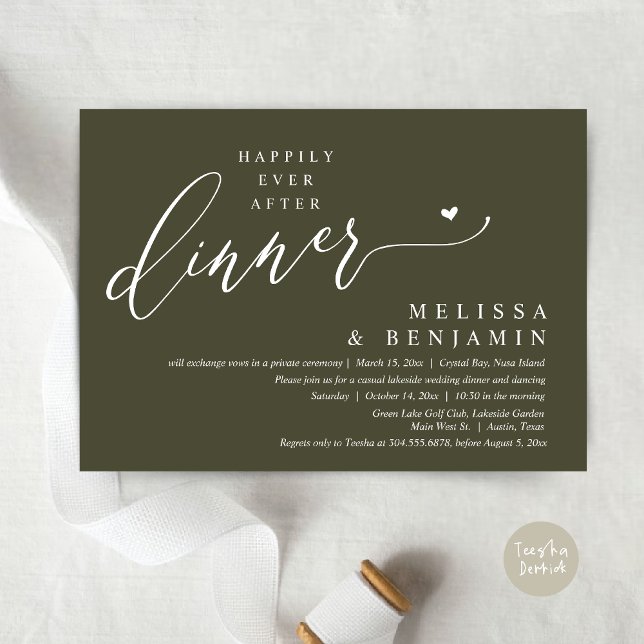 Happily Ever After Dinner Wedding Heart Invitation (Happily Ever After Dinner Invitation Card, PDF, Romantic Wedding Elopement, Lovely Heart Olive Green)