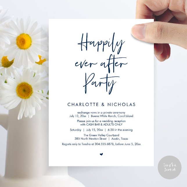 Happily Ever After Dinner Wedding Party Cash Bar Invitation (Happily Ever After Modern Dinner Wedding Reception Party Cash Bar Invitation Card PDF navy Blue)