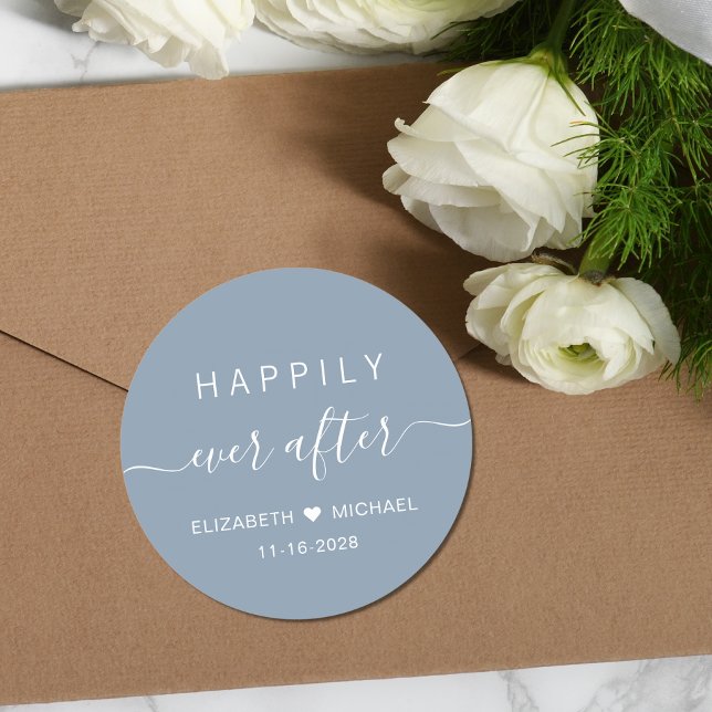 Happily Ever After Dusty Blue Wedding Classic Round Sticker (Creator Uploaded)