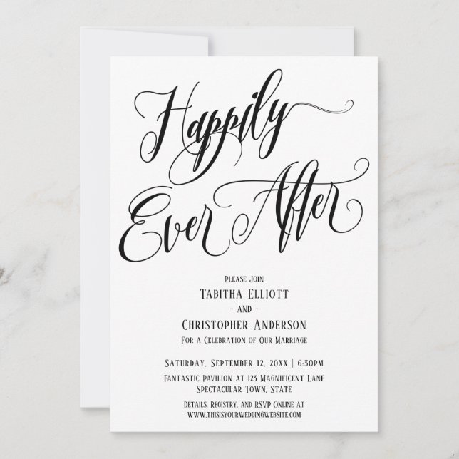 Happily Ever After Elaborate Script Black White Invitation (Front)