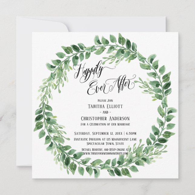 Happily Ever After Elaborate Script Green Wreath Invitation (Front)