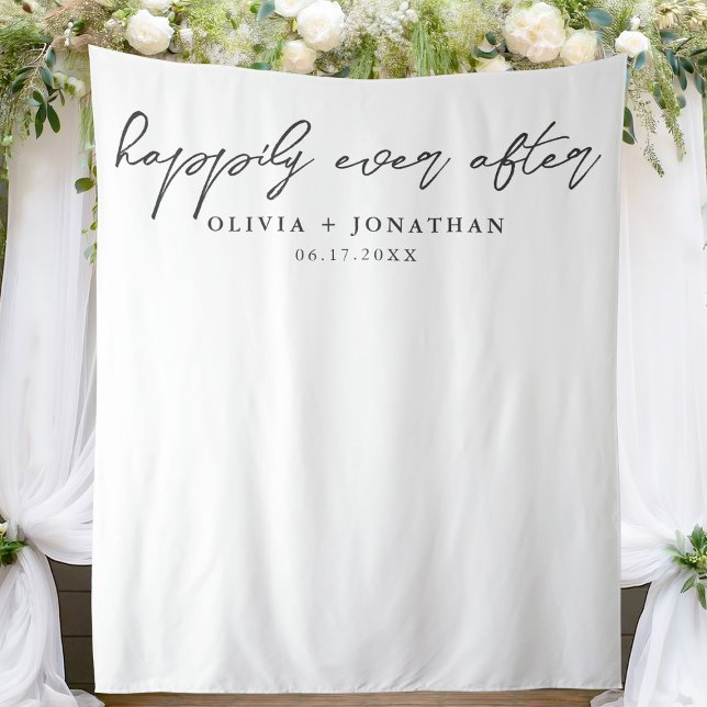 Happily Ever After Elegant Script Wedding Backdrop Tapestry (Creator Uploaded)