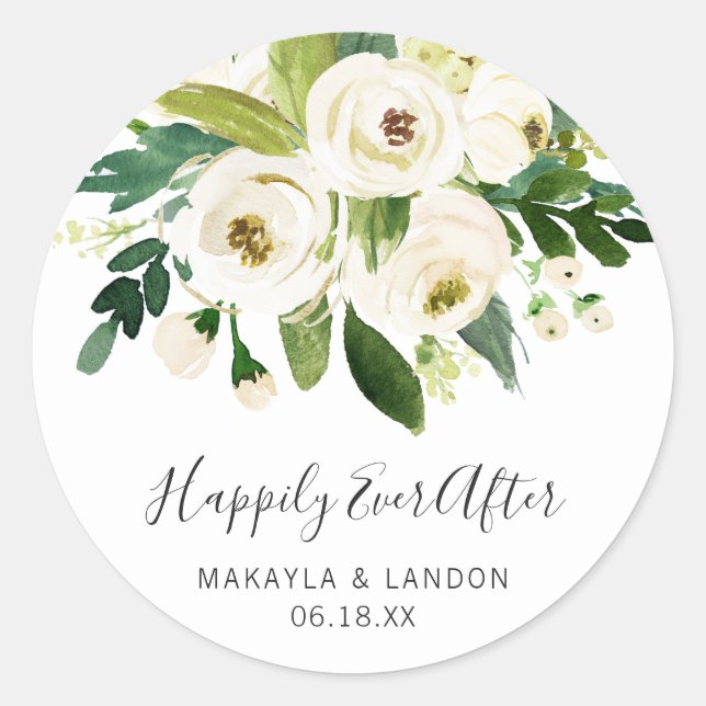 Happily Ever After Elegant White Floral Wedding Classic Round Sticker (Front)