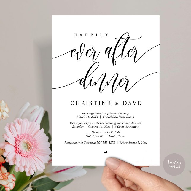Happily Ever After Elopement Dinner Dancing Invitation (Happily Ever After Dinner Invitation Card, PDF, Modern Calligraphy Script, in Black and White)