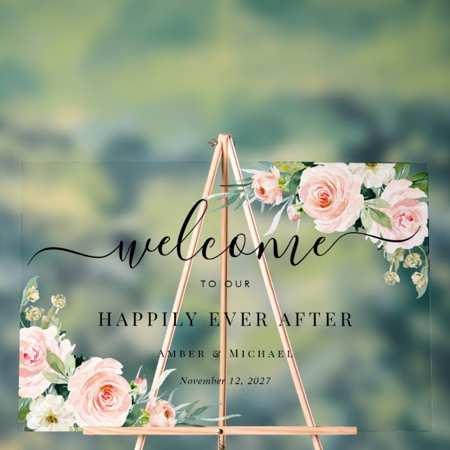 Happily Ever After Flower Wedding Acrylic Sign (Neutral)