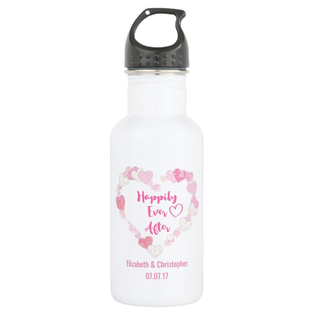 Happily Ever After Glittery Pink Hearts Wedding 532 Ml Water Bottle (Front)