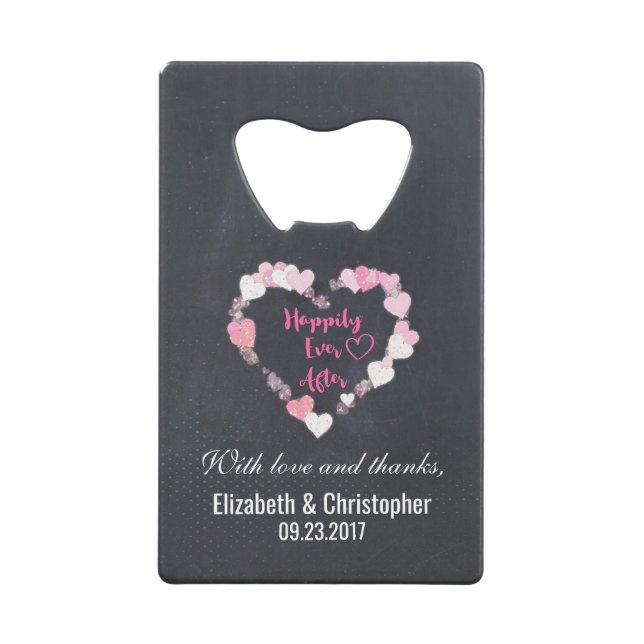 Happily Ever After Glittery Pink Hearts Wedding Credit Card Bottle Opener (Front)