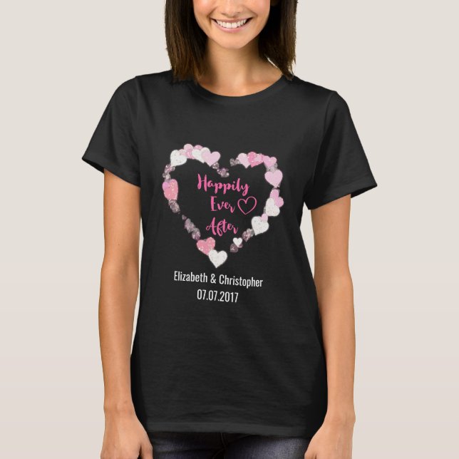 Happily Ever After Glittery Pink Hearts Wedding T-Shirt (Front)