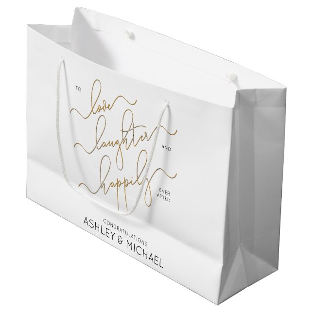 Happily Ever After Gold Calligraphy Script Name Large Gift Bag (Front Angled)