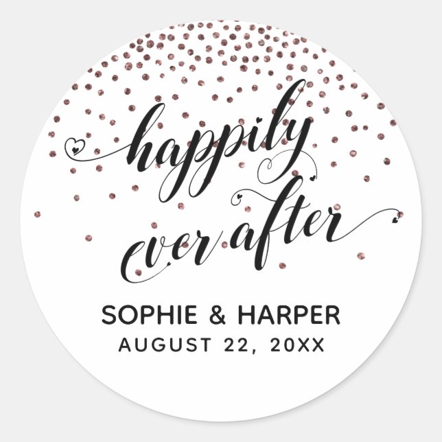 Happily Ever After Hearts and Rose Gold Confetti Classic Round Sticker (Front)