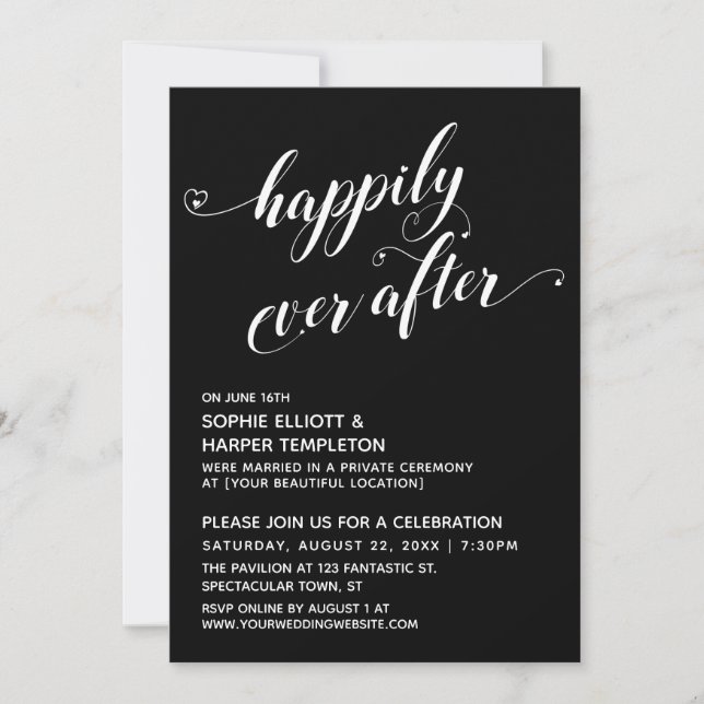 Happily Ever After Hearts Script Black Reception Invitation (Front)