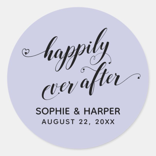 Happily Ever After Hearts Script Lavender Classic Round Sticker (Front)