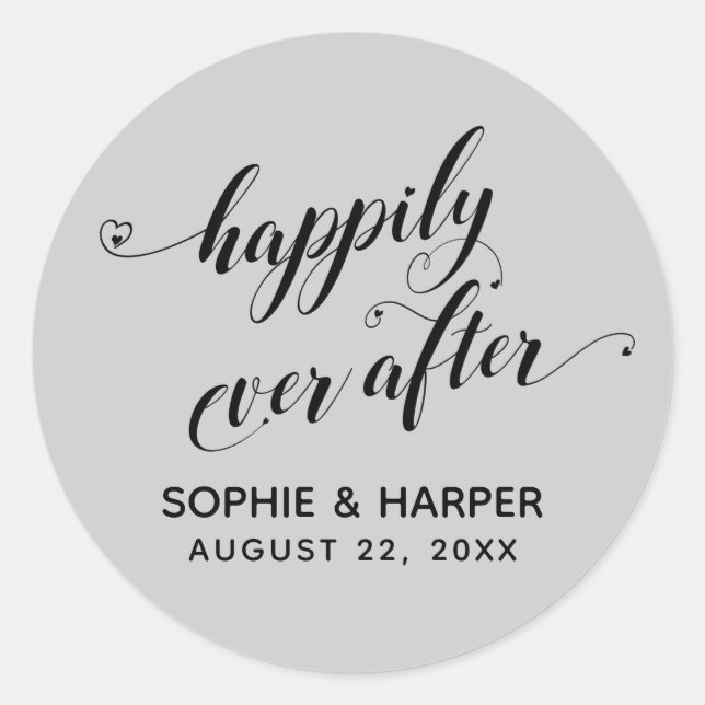 Happily Ever After Hearts Script Light Grey Classic Round Sticker (Front)