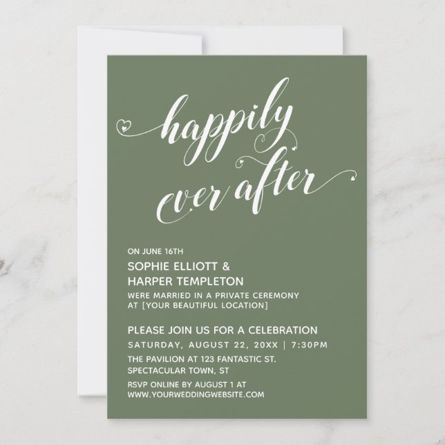 Happily Ever After Hearts Script Olive Reception Invitation (Front)