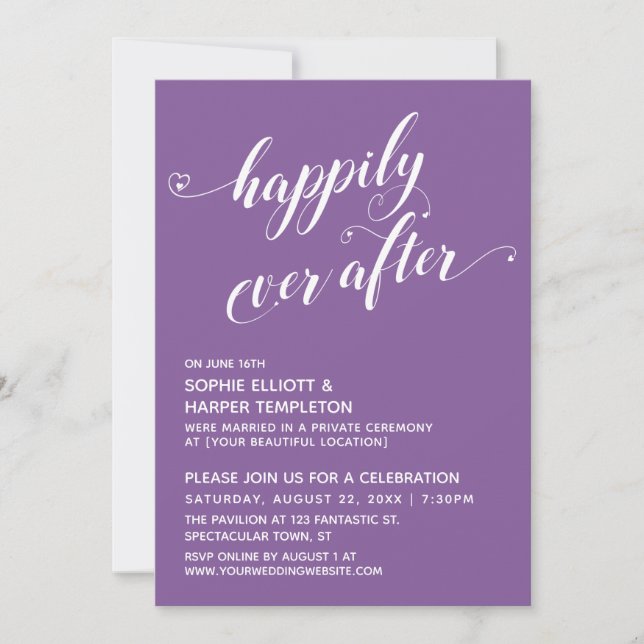 Happily Ever After Hearts Script Purple Reception Invitation (Front)