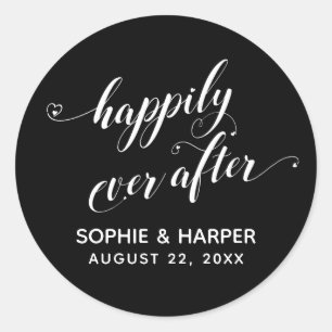 Happily Ever After Hearts Script White on Black Classic Round Sticker