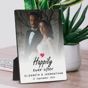 Happily Ever After Hot Pink Heart Couple Photo Plaque