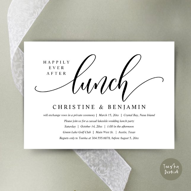 Happily Ever After Lunch Elopement, Modern Script Invitation (Happily Ever After Lunch, Modern Wedding Elopement Invitation Card, PDF, in Black and White)