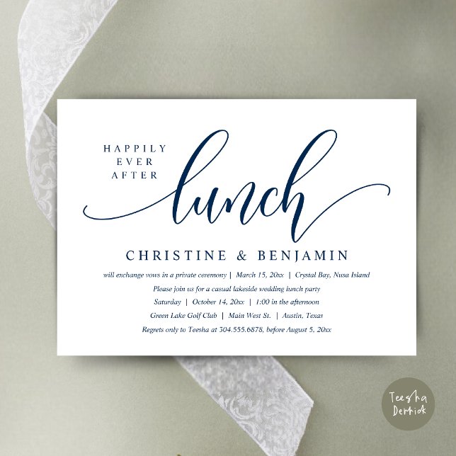 Happily Ever After Lunch Elopement, Modern Script Invitation (Happily Ever After Lunch, Modern Wedding Elopement Invitation Card, PDF, in navy Blue)
