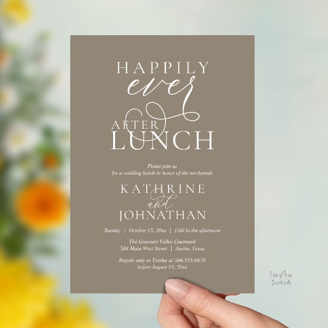 Happily Ever After Lunch Post Wedding Elopement Invitation (Happily Ever After Lunch Post Wedding Elopement Invitation card, luncheon love laughter  Taupe brown)