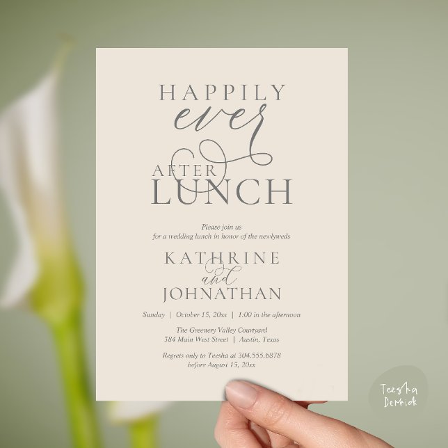 Happily Ever After Lunch Post Wedding Elopement Invitation (Happily Ever After Lunch Post Wedding Elopement Invitation card, luncheon love laughter  cream grey)