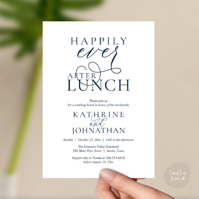 Happily Ever After Lunch Post Wedding Elopement Invitation (Happily Ever After Lunch Post Wedding Elopement Invitation card, luncheon love laughter  navy blue)